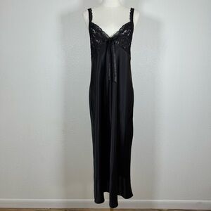 Morgan Taylor Intimates Vintage Black Satin Lace Maxi Nightgown Lingerie Large